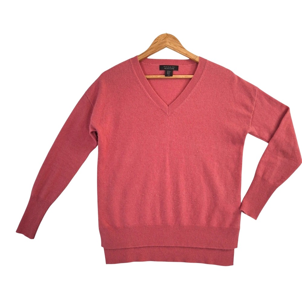 Tahari Women Rose Pink 100% 2-Ply Cashmere V-Neck Sweater High-Low Hem Size XS